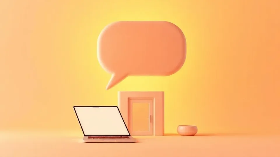 Illustration of a chat bubble rising above a storefront and a laptop